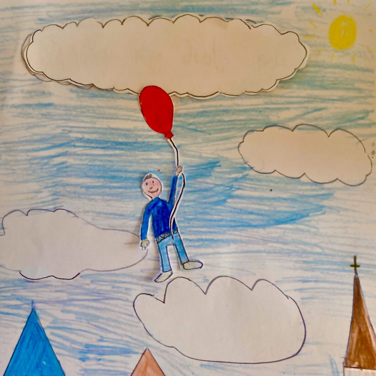 Kinderzeichnung eines Kindes, das an einem Luftballon in die Wolken fliegt