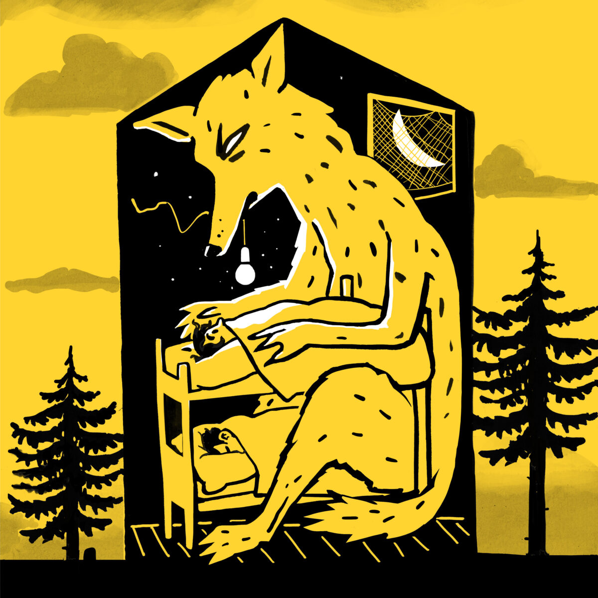 Illustration in gelb, schwarz und weiss, ein Wolf sitzt in einem Haus über ein Stockbett gebeugt
